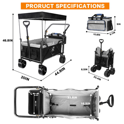 Collapsible Wagon 140L Wagons Carts Foldable with Removable Canopy, Folding Wagon Cart with Wheels for All-Terrain with Brake, Foldable Wagon with Cooler Bag, for Camping Beach Shopping