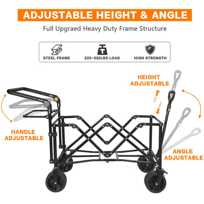 Collapsible Wagon 140L Wagons Carts Foldable with Removable Canopy, Folding Wagon Cart with Wheels for All-Terrain with Brake, Foldable Wagon with Cooler Bag, for Camping Beach Shopping