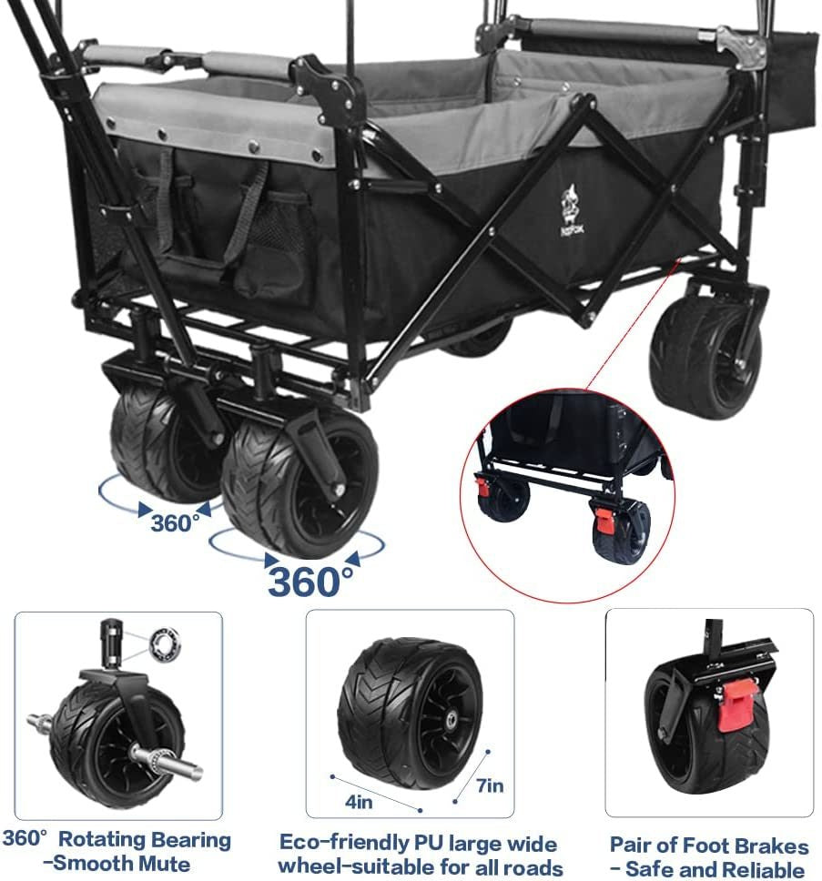 Collapsible Wagon 140L Wagons Carts Foldable with Removable Canopy, Folding Wagon Cart with Wheels for All-Terrain with Brake, Foldable Wagon with Cooler Bag, for Camping Beach Shopping