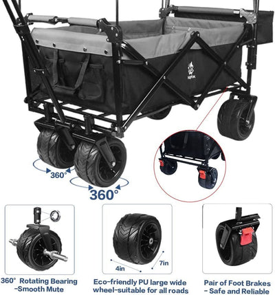 Collapsible Wagon 140L Wagons Carts Foldable with Removable Canopy, Folding Wagon Cart with Wheels for All-Terrain with Brake, Foldable Wagon with Cooler Bag, for Camping Beach Shopping