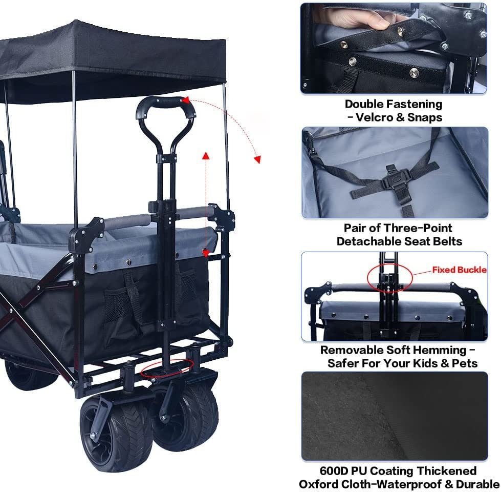 Collapsible Wagon 140L Wagons Carts Foldable with Removable Canopy, Folding Wagon Cart with Wheels for All-Terrain with Brake, Foldable Wagon with Cooler Bag, for Camping Beach Shopping