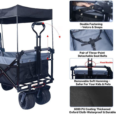 Collapsible Wagon 140L Wagons Carts Foldable with Removable Canopy, Folding Wagon Cart with Wheels for All-Terrain with Brake, Foldable Wagon with Cooler Bag, for Camping Beach Shopping