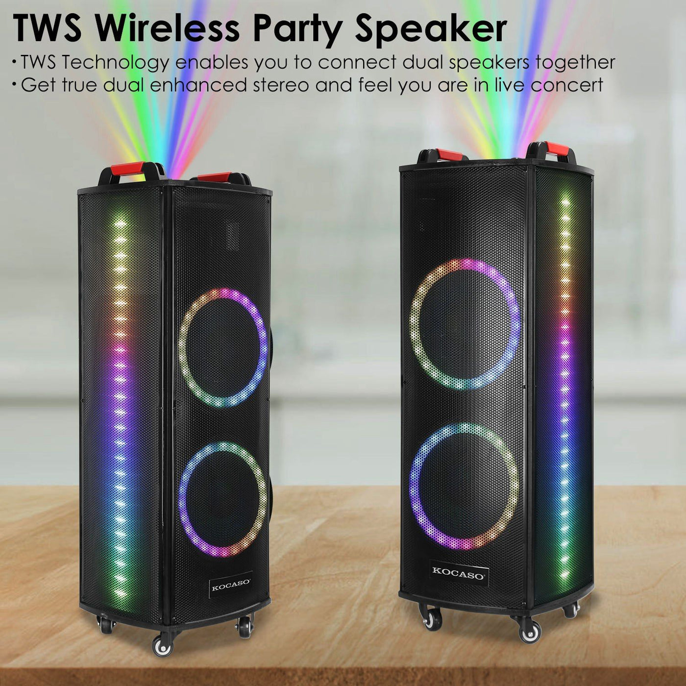 1Pc Portable Wireless Party Speaker Colorful Lights DJ PA System with TWS Function FM Radio USB MMC Card Reading Aux In Guitar Input Recording Function Mic Rolling Wheels Carry Handle