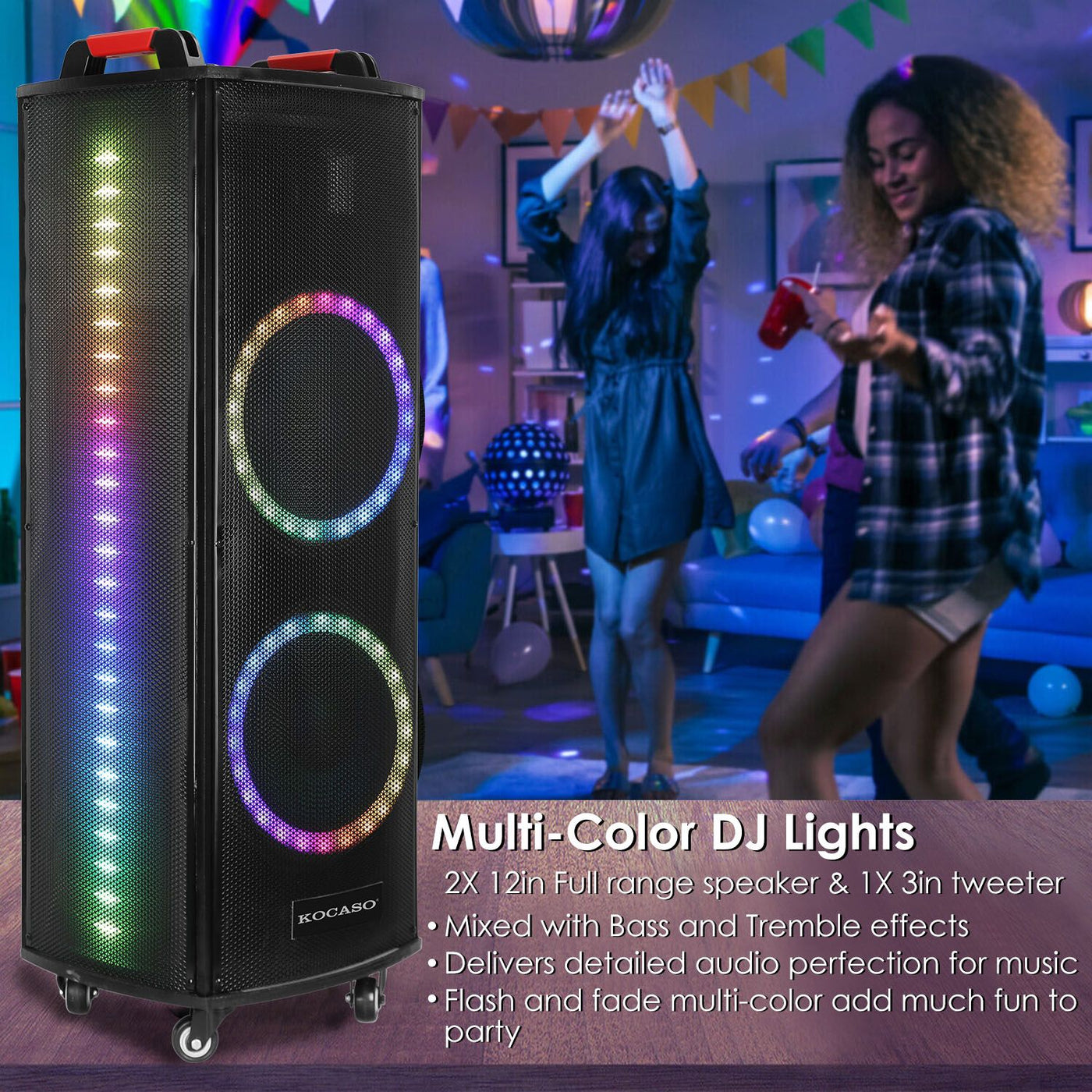 1Pc Portable Wireless Party Speaker Colorful Lights DJ PA System with TWS Function FM Radio USB MMC Card Reading Aux In Guitar Input Recording Function Mic Rolling Wheels Carry Handle