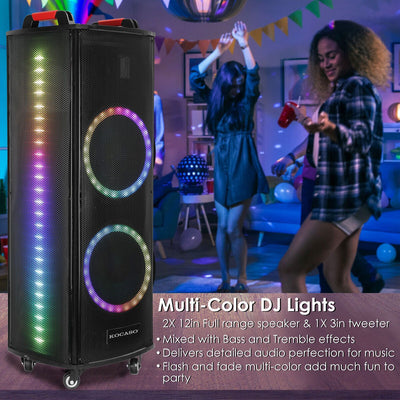 1Pc Portable Wireless Party Speaker Colorful Lights DJ PA System with TWS Function FM Radio USB MMC Card Reading Aux In Guitar Input Recording Function Mic Rolling Wheels Carry Handle