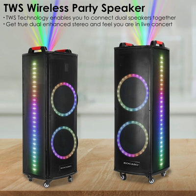 1Pc Portable Wireless Party Speaker Colorful Lights DJ PA System with TWS Function FM Radio USB MMC Card Reading Aux In Guitar Input Recording Function Mic Rolling Wheels Carry Handle