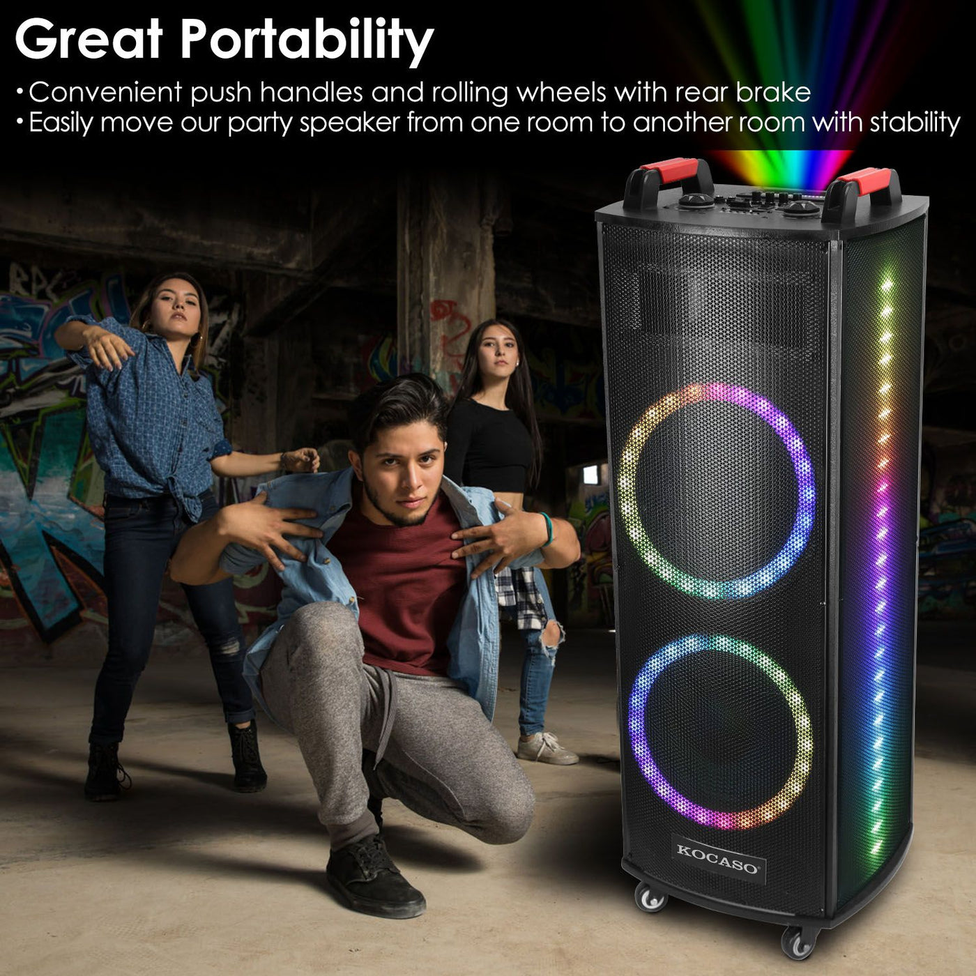 1Pc Portable Wireless Party Speaker Colorful Lights DJ PA System with TWS Function FM Radio USB MMC Card Reading Aux In Guitar Input Recording Function Mic Rolling Wheels Carry Handle