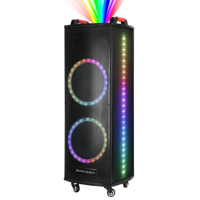 1Pc Portable Wireless Party Speaker Colorful Lights DJ PA System with TWS Function FM Radio USB MMC Card Reading Aux In Guitar Input Recording Function Mic Rolling Wheels Carry Handle