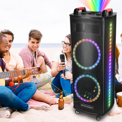 1Pc Portable Wireless Party Speaker Colorful Lights DJ PA System with TWS Function FM Radio USB MMC Card Reading Aux In Guitar Input Recording Function Mic Rolling Wheels Carry Handle