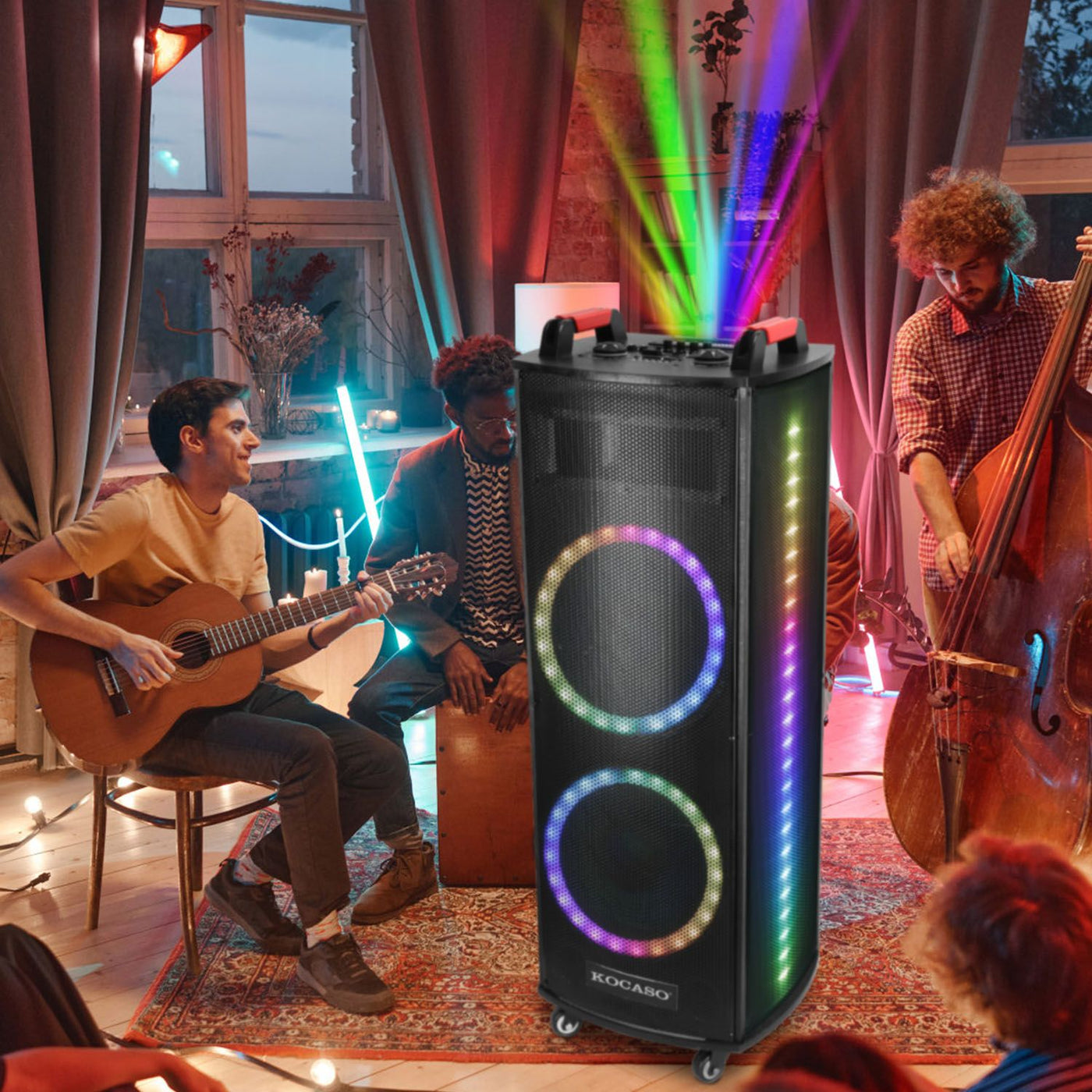 1Pc Portable Wireless Party Speaker Colorful Lights DJ PA System with TWS Function FM Radio USB MMC Card Reading Aux In Guitar Input Recording Function Mic Rolling Wheels Carry Handle