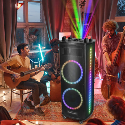 1Pc Portable Wireless Party Speaker Colorful Lights DJ PA System with TWS Function FM Radio USB MMC Card Reading Aux In Guitar Input Recording Function Mic Rolling Wheels Carry Handle