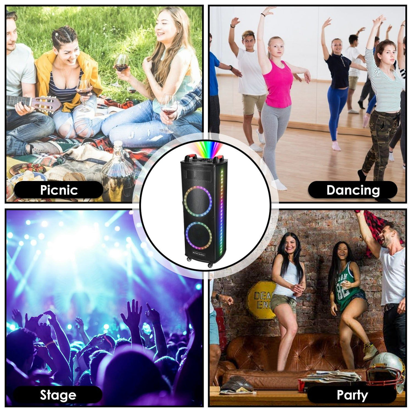 1Pc Portable Wireless Party Speaker Colorful Lights DJ PA System with TWS Function FM Radio USB MMC Card Reading Aux In Guitar Input Recording Function Mic Rolling Wheels Carry Handle