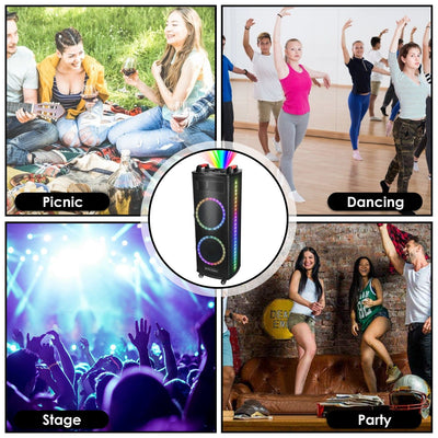 1Pc Portable Wireless Party Speaker Colorful Lights DJ PA System with TWS Function FM Radio USB MMC Card Reading Aux In Guitar Input Recording Function Mic Rolling Wheels Carry Handle