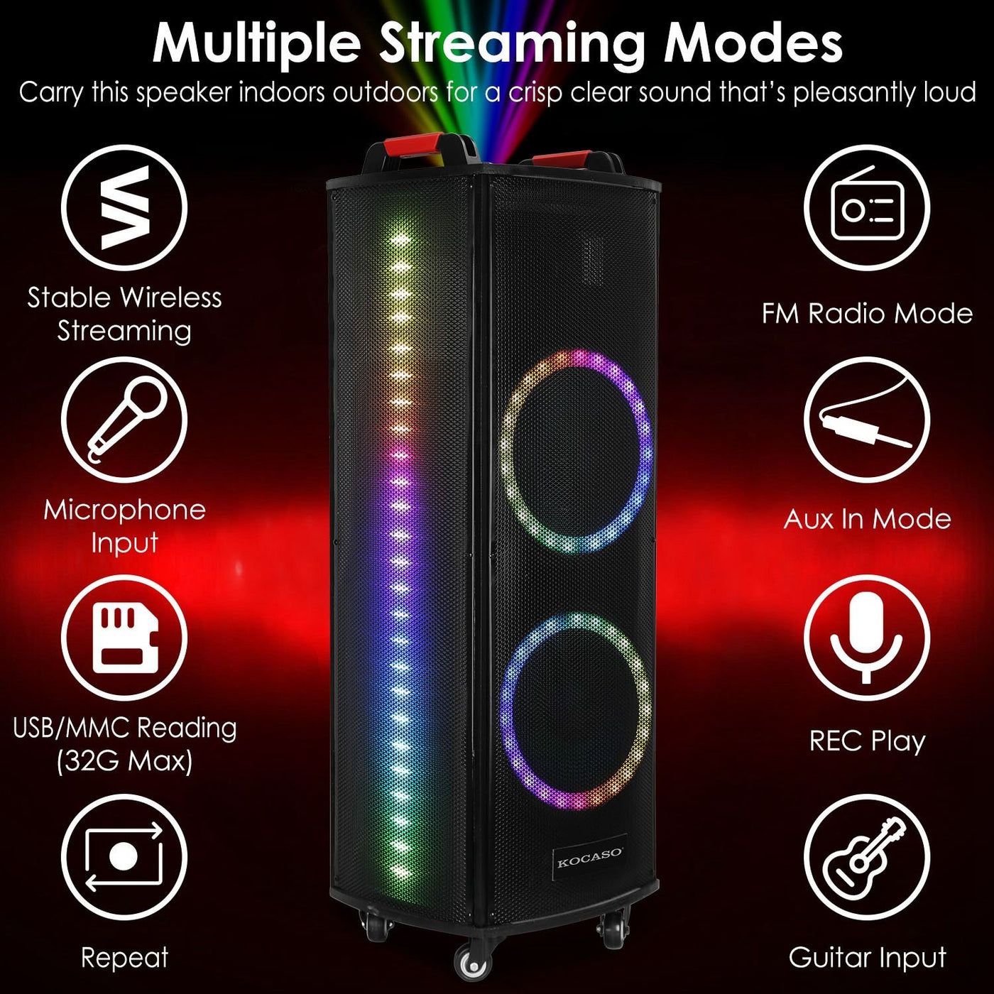 1Pc Portable Wireless Party Speaker Colorful Lights DJ PA System with TWS Function FM Radio USB MMC Card Reading Aux In Guitar Input Recording Function Mic Rolling Wheels Carry Handle