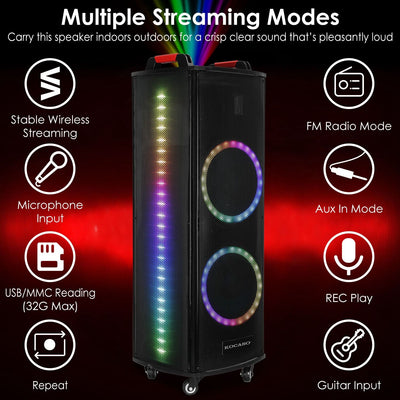 1Pc Portable Wireless Party Speaker Colorful Lights DJ PA System with TWS Function FM Radio USB MMC Card Reading Aux In Guitar Input Recording Function Mic Rolling Wheels Carry Handle