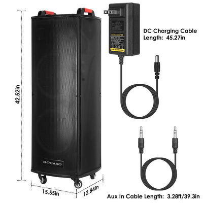 1Pc Portable Wireless Party Speaker Colorful Lights DJ PA System with TWS Function FM Radio USB MMC Card Reading Aux In Guitar Input Recording Function Mic Rolling Wheels Carry Handle