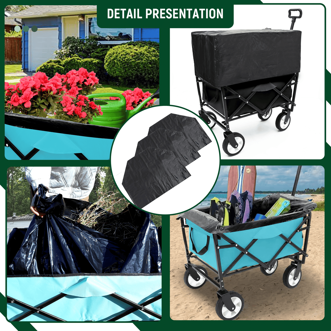 Minimeetall Multi-use Bag,Collapsible Foldable Wagon Cart Beach Wagon Heavy Duty Utility Cart Utility Wagon Grocery Cart for for Camping 3pcs plastic Liner bag /Cover , blue